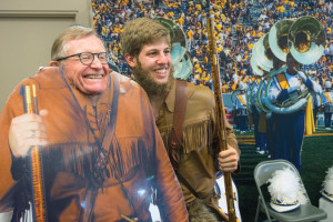 Gee poses with Mountaineer Mascot Michael Garcia at the State Fair of West Virginia. 