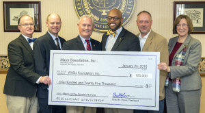 West Virginia State University (WVSU) announced the receipt of a $125,000 gift from The Maier Foundation, Inc. to further endow the Allan L. McVey Scholarship Fund. Joining together in making the announcement were (from left) Maier Foundation Board Member Charles Jones, Maier Foundation President Brad Rowe, Vice President of BB&T Carson Insurance Services Allan L. McVey, WVSU President Brian O. Hemphill, WVSU Foundation Chair Mark Kelley and WVSU Vice President for University Advancement Patricia Schumann. Photo courtesy of West Virginia State University.