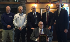 Walter Whitehair (seated) receives the Director Emeritus plaque from Clear Mountain Bank board members (from left to right) Roger Metheny, Bill Weissgerber, Howard Metheny, Brian F. Thomas and Roger Hardesty.