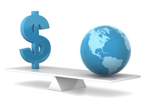 3d illustration of earth and dollar in balance 